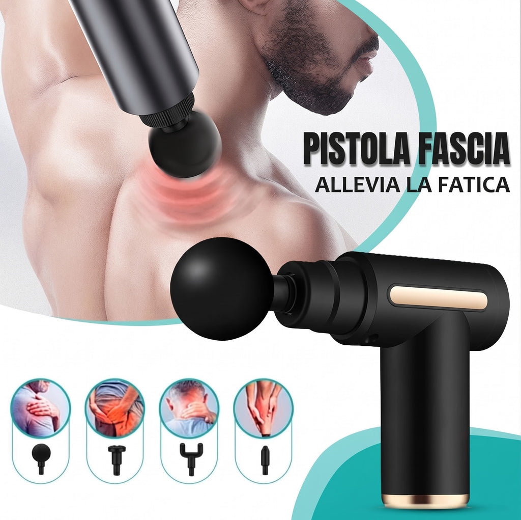 Pistola massaggiante portatile con impugnatura nera e dettagli dorati