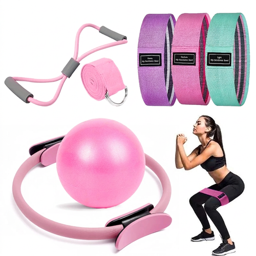Kit Pilates da sette pezzi rosa con anello, palla, fasce elastiche, elastico a otto e cinghia per stretching